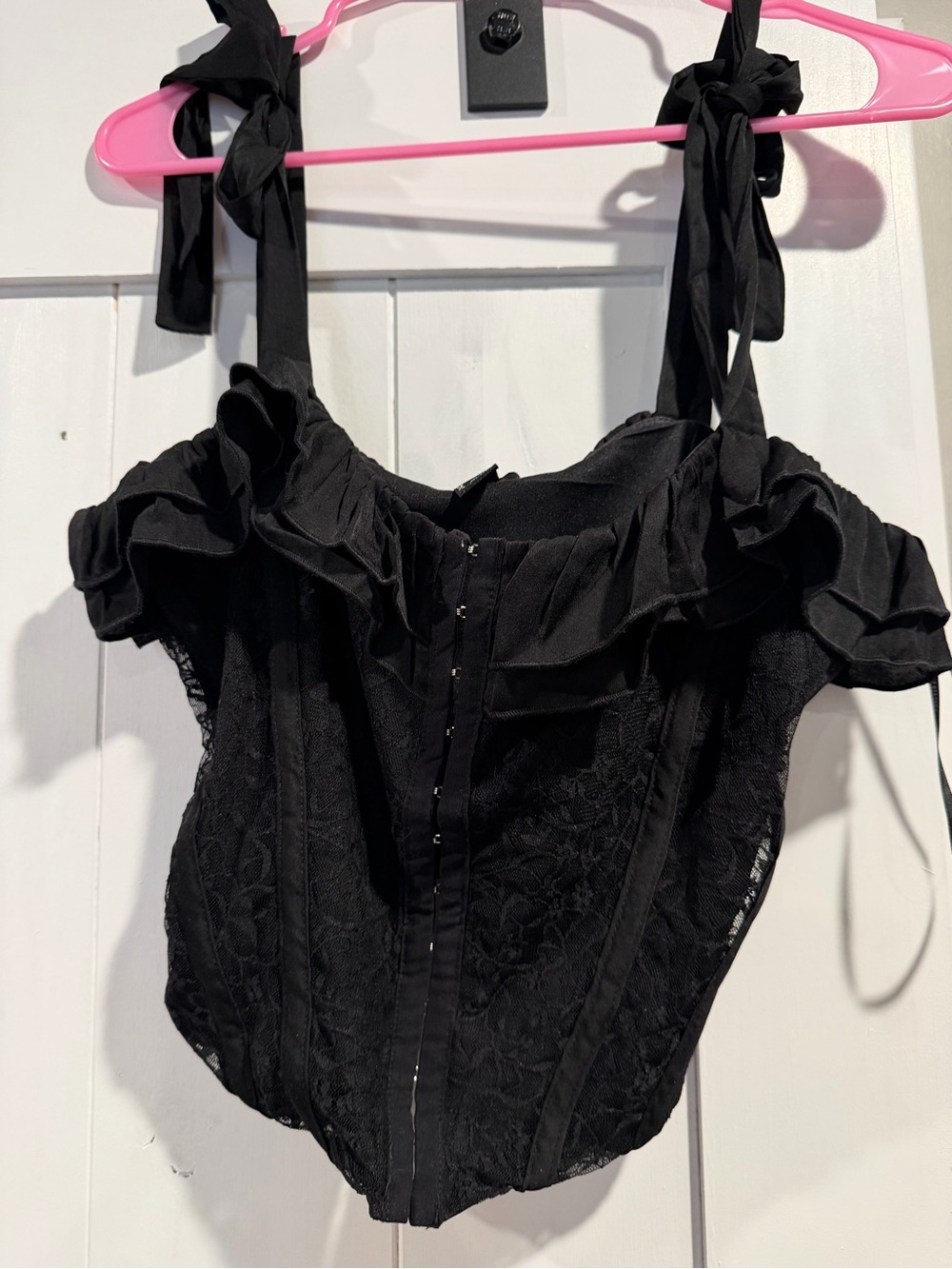 Forever 21 Black Ruffled Lace Tie-Shoulder Corset Crop Top